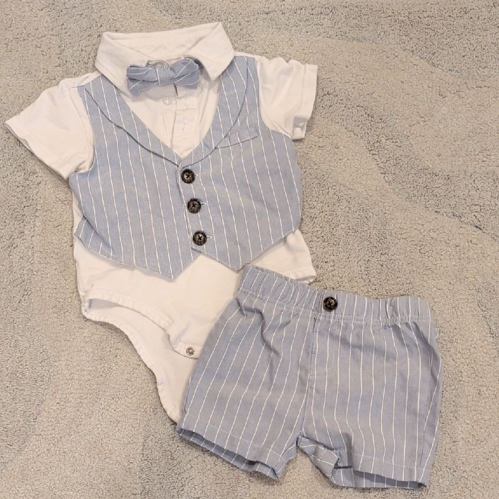 Baby Blue Striped Vest Outfit with Bow Tie